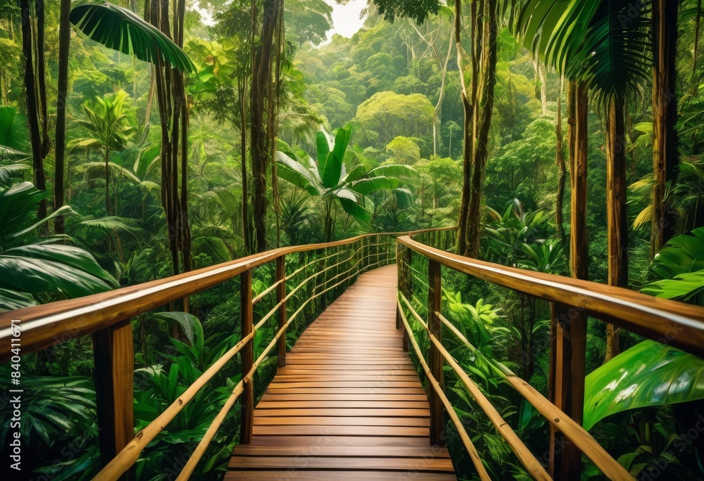 lush rainforest canopy walkway tropical jungle green foliage wooden ...