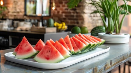 Wall Mural - Sliced watermelon on white plate in cozy kitchen with rustic atmosphere and green plants