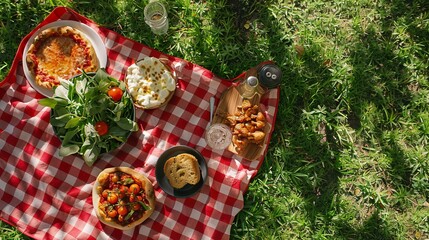 Poster - Aerial view of a red checkered picnic blanket on a grassy field, with finger chicken pieces, a souffle, and a pizza on top