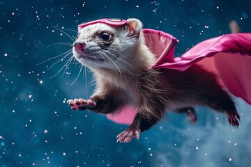 Wall Mural - An adventurous ferret, sporting a pink superhero cloak and mask, jumps and soars against a starry night sky background.