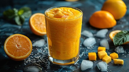 Wall Mural -   A glass of orange juice is surrounded by sliced oranges and ice cubes, set against a blue background with mint leaves