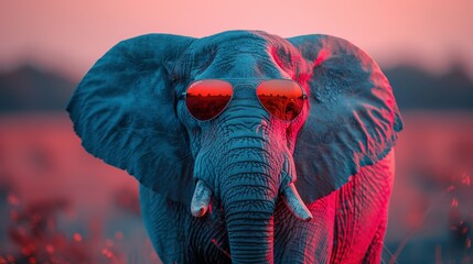   A photo of an elephant wearing red glasses against a pink backdrop