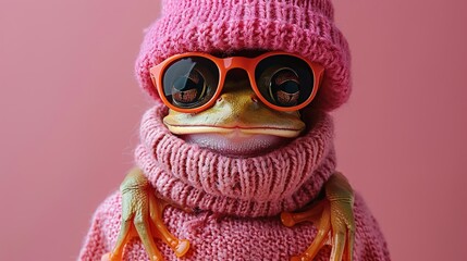 Sticker -   A close-up of a stuffed animal wearing a knitted hat and glasses, with a scarf wrapped around its neck