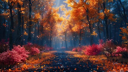 Wall Mural - autumn forest scene at night fantasy landscape painting.stock illustration