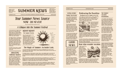 Retro newspaper with a summer theme. Trendy retro elements for collages. The texture of crumpled paper in grunge tones.