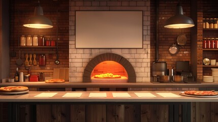 Poster - Artisanal Brick Oven Pizzeria Open Kitchen Woodfired Pizzas and Business Cards on Counter