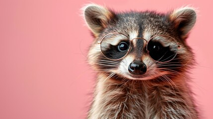 Wall Mural -   A zoomed-in image of a raccoon wearing glasses and a pink backdrop