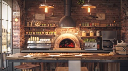 Poster - Artisanal Brick Oven Pizzeria Open Kitchen Woodfired Pizzas and Business Cards on Counter
