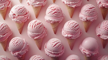   A cluster of pink ice cream cones is positioned on a pink background with pink frosting covering them