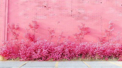 Wall Mural -   Pink flowers against a pink brick wall in front of a parking lot with a parking lot in the background