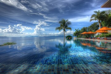 A clear blue swimming pool situated alongside the ocean, perfect for relaxation and enjoying the sea views