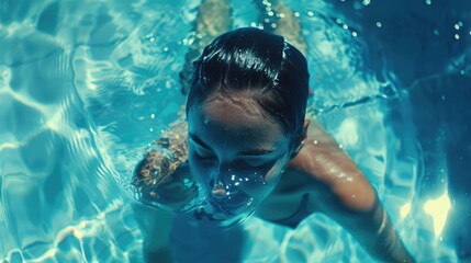 A woman wearing goggles swims in a pool