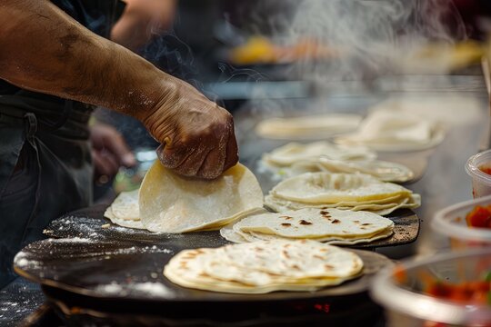 At a bustling traditional Mexican taco stand, the process of making handmade corn tortillas is a sight to behold.