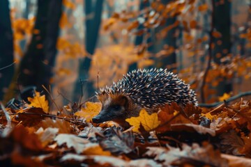 Wall Mural - A small hedgehog making its way through a forest filled with autumn leaves, with branches and trees surrounding it