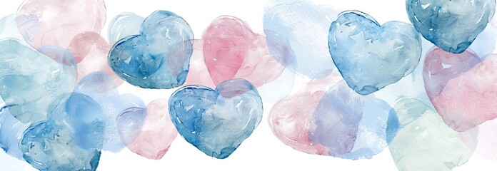 Wall Mural - Watercolor art of blue and pink hearts on a white background. Concept of love, romance, valentine's day, affection. Greeting card, postcard, banner. Abstract wallpaper