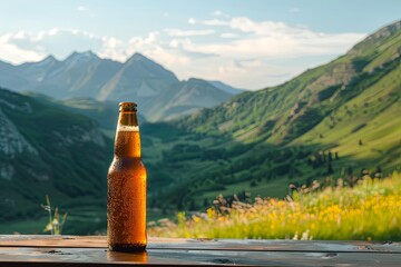 Wall Mural - Bottle of beer on table overlooking mountain in natural landscape