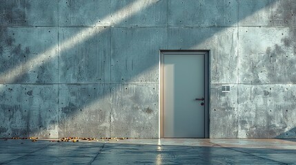 Wall Mural -   A door sits before a wall, casting a shadow of a person beside it on a tiled floor