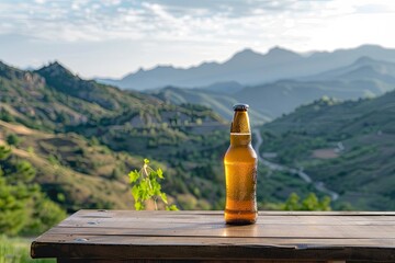 Wall Mural - Bottle of beer on table overlooking mountain in natural landscape