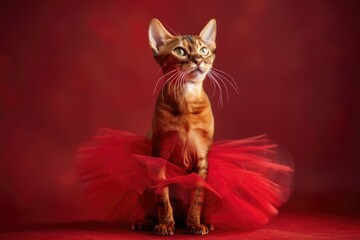 Wall Mural - A domestic cat wearing a bright red tutu on a matching red background