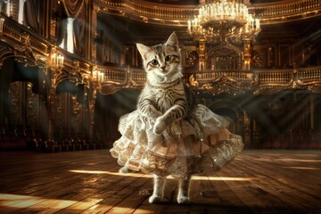 Wall Mural - A curious cat stands on a wooden floor wearing a dress