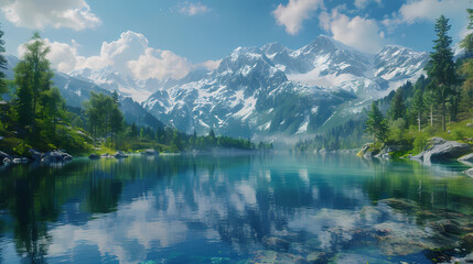 Naklejka na meble A serene.Surrounded by snow-capped mountains The lake was quiet.