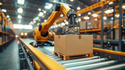 Automated Warehouse Conveyor Belt System with Robotic Arm Lifting a Cardboard Box