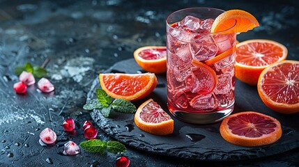 Wall Mural -  Glass of blood oranges and mints on black plate on table