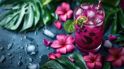 Wall Mural -   A macro image of a drink in a glass with a straw on a table surrounded by flowers and foliage