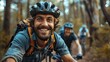© Wiseman - friends riding mountain bikes with smiles on their faces.stock image