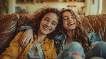 Mom and daughter resting on comfortable couch in modern home interior. An optimistic relaxed young mother lies on the sofa with her head on her daughter's lap, chatting with her and laughing