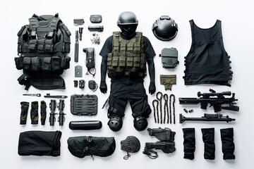 knolling of tactical gear army police equipment