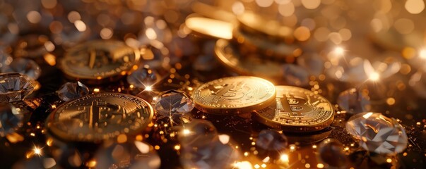 Canvas Print - Abstract gold coins scattered with bokeh lights.