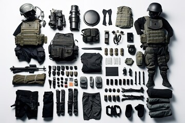 Wall Mural - knolling of tactical gear army police equipment