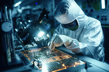Generative ai on theme of man in protective suit holds microchip for design abstract background