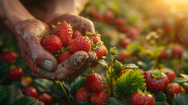 A person is holding a bunch of red strawberries. The strawberries are wet and the person's hands are covered in dirt. Concept of freshness and natural beauty