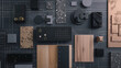 © TP SHOTS - Flat lay design of creative interior design moodboard composition with samples materials like wood textile stone and black switch on blueprint background