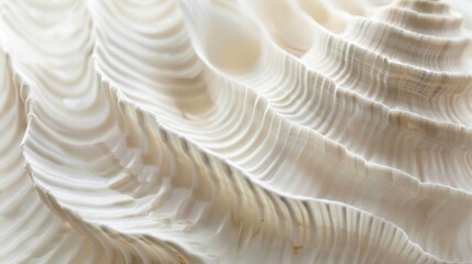 The smooth, matte surface of a seashell in a pale, creamy white color, with gentle ridges and curves adding depth and visual interest to the neutral background