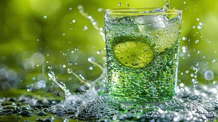 Wall Mural -   Close-up shot of lime sliced in water-filled glass with droplets