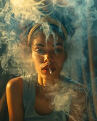 Wall Mural - Brazilian woman sitting looking at the camera, pursed lips, exhaling smoke towards the camera, large smoke cloud