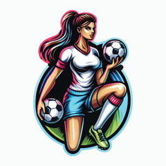 a soccer player girl holding a ball, simple logo