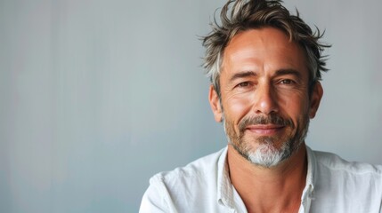 Poster - portrait of a confident and mature man in a white jacket on a gray background