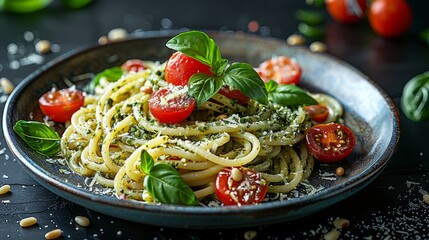 Poster -  A gourmet presentation of Italian pasta with pesto and fresh tomatoes, set against a dark, elegant background 