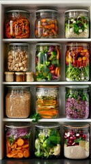 Sticker - Aesthetic kitchen shelf. The shelves are filled with neatly organized meal prep containers for a variety of diets such as paleo, keto, vegan and gluten-free, as well as jars of superfoods and fresh in