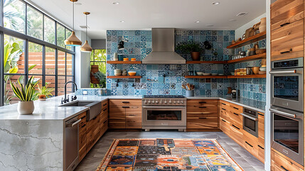 Wall Mural -  Modern kitchen with light blue walls, sleek walnut cabinets, and a colorful tile backsplash