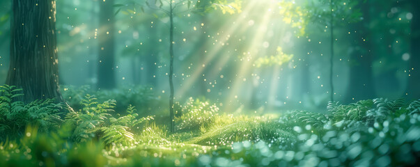 Panoramic illustration of the sunrise in wild forest. Love of nature concept.