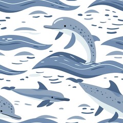 Wall Mural - A young girl drawing a dolphin leaping out of the water, using different shades of blue and gray. Minimal pattern banner wallpaper, simple background, Seamless,