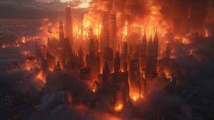 Wall Mural - a stunning aerial shot depicting a city on fire straight out of a blockbuster.stock illustration