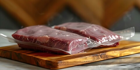 Wall Mural - Beef Entrecote Steak Vacuum-Sealed and Marinating for Sous Vide Cooking on Wooden Board. Concept Sous Vide Cooking, Beef Entrecote Steak, Marinating, Vacuum-Sealed, Wooden Board,
