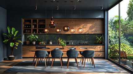 Wall Mural -  Modern kitchen with teal walls, sleek wooden cabinets, and an elegant dining area