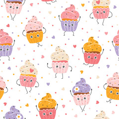 Sticker - Cupcake sweets seamless pattern with funny mascot characters. Kawaii cartoon hand drawn doodle in colorful palette. Ideal for baby design, prints, packaging, textiles. Creative nursery background